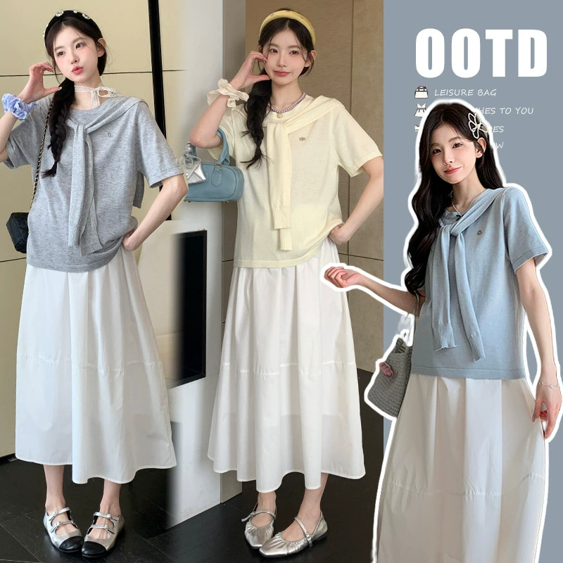 Летняя одежда для беременных 2025: новый модный комплект, стильный летний вязаный топ, шаль и белая юбка