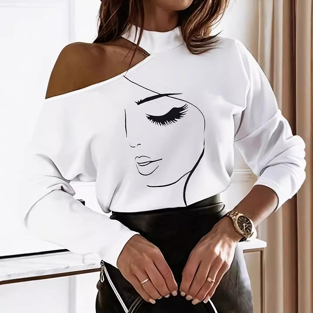 Directional development of 2024 new European and American characters abstract printed T-shirt shoulder sexy top women