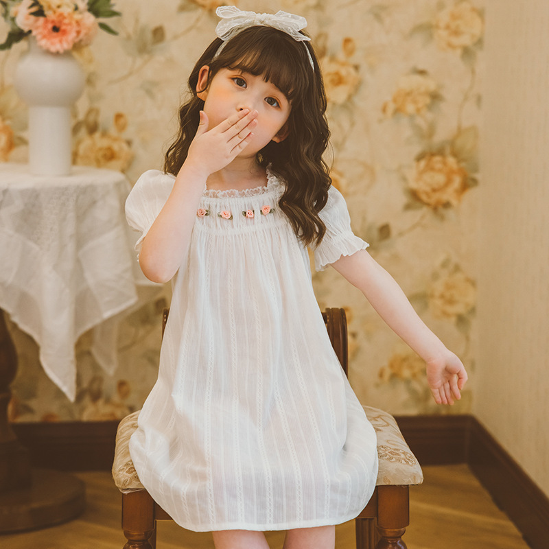 Girls' Summer Pure Cotton Short-Sleeved Nightgown, Princess Style, Fairy Tale, Little Girl's Pajamas, Baby Home Wear, Thin and Stylish
