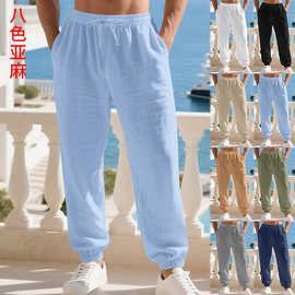 跨境独立站四季新品亚麻	男装裤子居家休闲简约宽松阔腿束脚卫裤