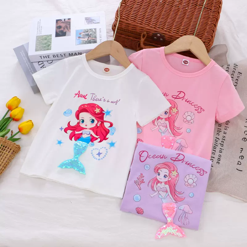 新款夏季童装上衣儿童夏天短袖T恤女宝宝美人鱼印花半袖T恤童上衣