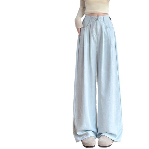 Misty Blue Milk Puff Suit Wide Leg Pants for Women 2025 Summer New High-Waisted Slimming Loose Chiffon Floor-Length Summer Pants