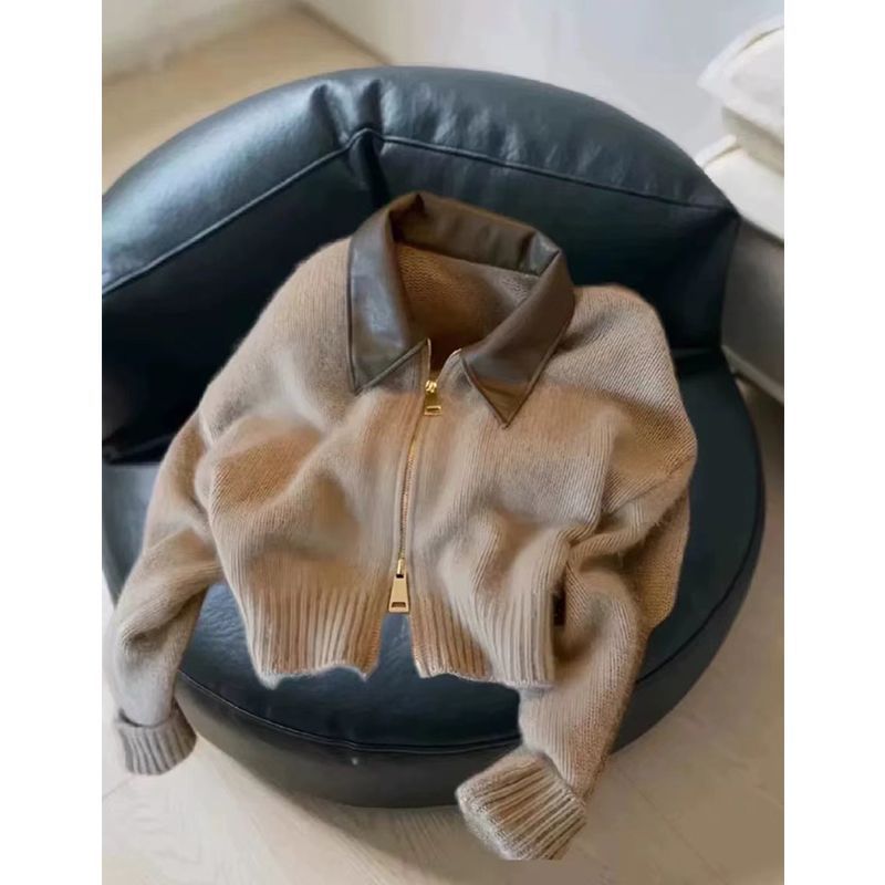 欧货高级感皮Polo领针织开衫女秋冬软糯浣熊绒双头拉链毛衣短外套|undefined