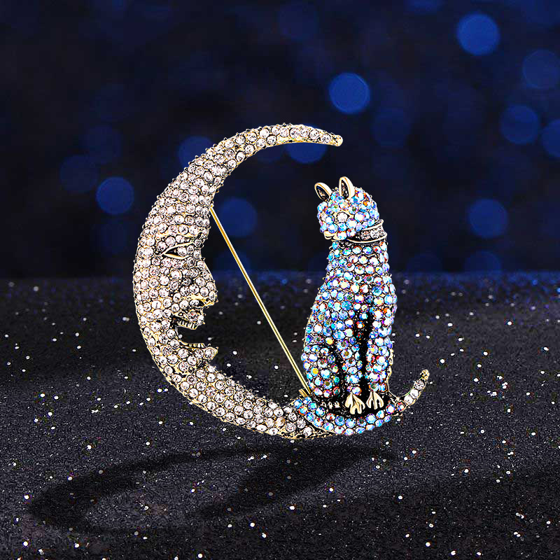 Moon, Cat Pattern Women's Gender Shiny Pin Moon Cat Alloy Inlay Rhinestones Women's Brooches