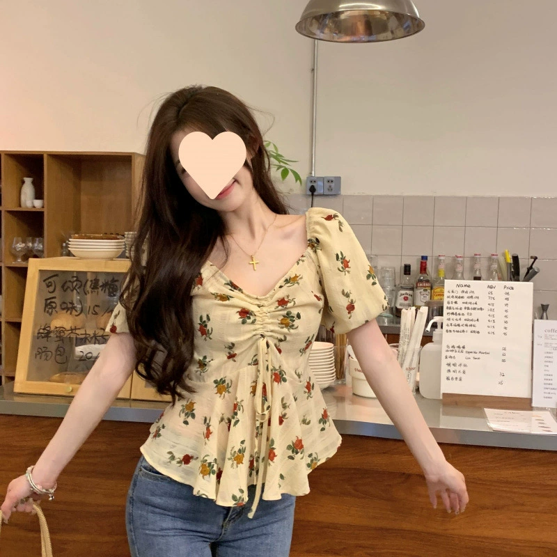 2025 новый летний стиль ретро рубашка с цветочным воротником женская рубашка с закрытием живота французский дизайн с пышными рукавами топ