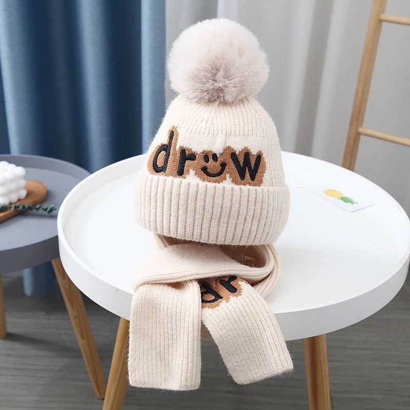 Children's Knitted Hat and Scarf Set for Autumn and Winter, Warm Woolen Hat for Boys and Girls, Thickened Ear Protection Hat with Pom-Poms