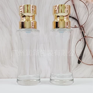 欧式40ml50ml小蛮腰电镀金色外罩泵头透明粉底液玻璃瓶包材批发