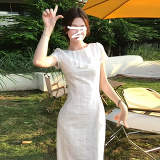 清冷白月光初恋白色短袖连衣裙子女夏季江浙沪千金风收腰显瘦长裙