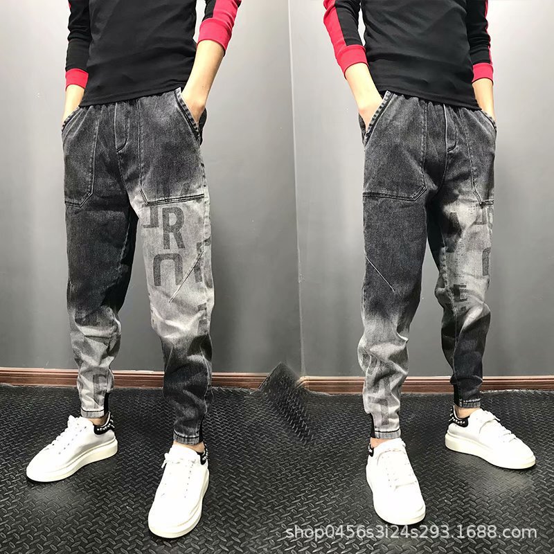 Trousers Men's Trendy Brand Loose Youth Letter Tooling Skinny Foot Sports Casual Trendy Harlan Foot Cropped Jeans