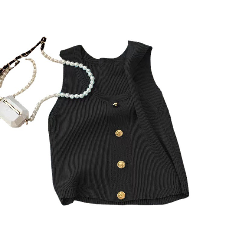 Las niñas de verano nuevo oro hebilla de punto camisola estilo coreano cuello redondo sin mangas de moda océano corto punto chaleco moda