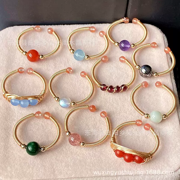 14K gold aquamarine red agate pull stone Moonstone strawberry Crystal amethyst Jade dry green ring ring