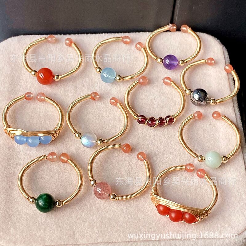 14K gold aquamarine red agate pull stone Moonstone strawberry Crystal amethyst Jade dry green ring ring