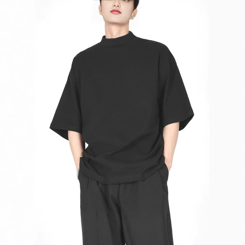 Yohji Yamamoto Style Semi-high Collar T-shirt Men's Dark Abstinence Style Loose Shoulder Five-point Short Sleeve Ice Silk Cotton Half-sleeve tee