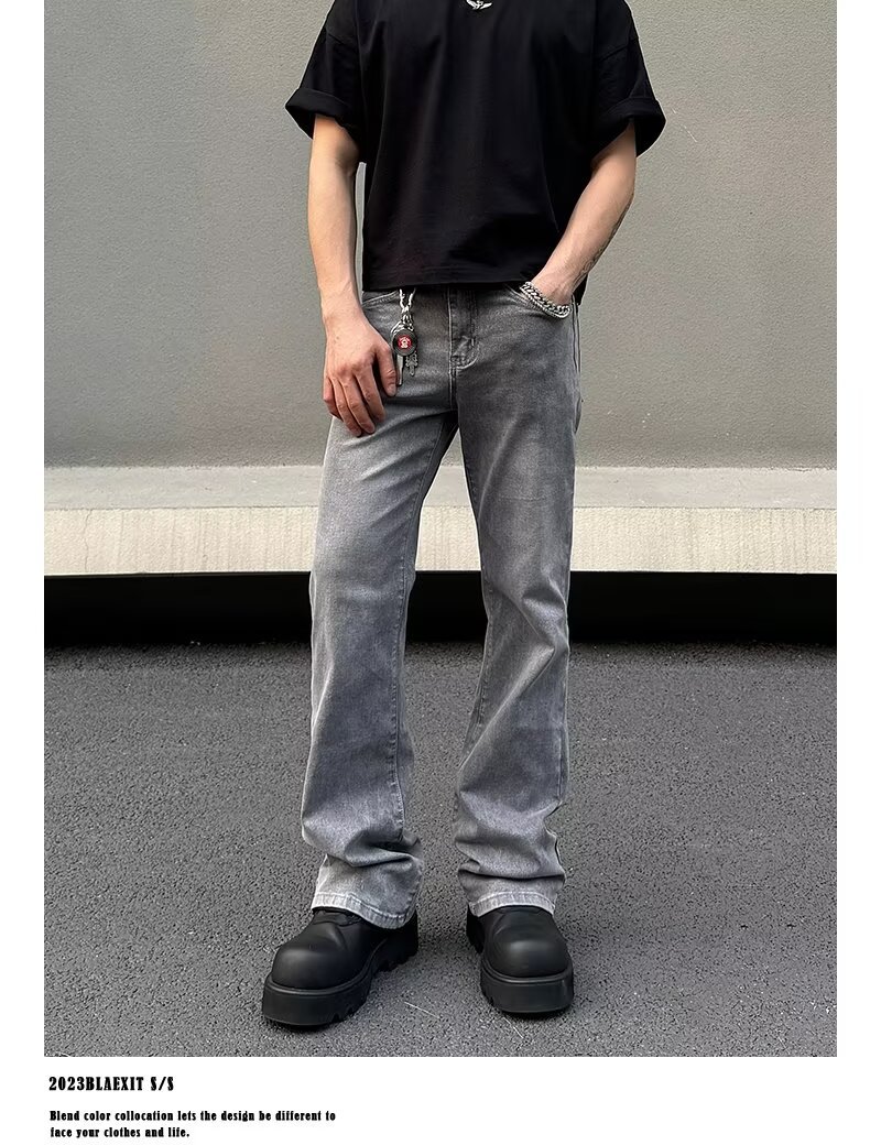 Men's Gray American Streetwear Vintage Wash Flared Jeans, Relaxed Fit Bootcut Denim Pants With Distressed Details For Urban Fashion_mkmklike.com