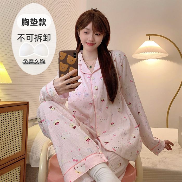 Al por mayor transfronterizo de otoño pantalones de manga larga pijamas casuales de mujer con cojín de pecho cardigan cómodo algodón nubes ropa para el hogar encantadora