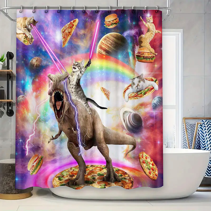 Divertida cortina de baño valiente gato sostiene tridente flecha montar tiburones en las olas ballenas gatos cortina de baño conjunto baño