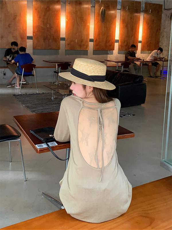 纯欲风镂空蕾丝露背长袖T恤女夏季薄款防晒罩衫别致宽松显瘦上衣|undefined
