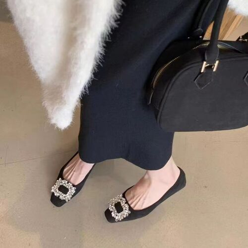 Black commuter square head rhinestones single-layer shoes for women's autumn new French flat high-quality minococcasin-minoccasin-shoes casual shoes