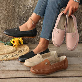 外贸大码2026新款欧美时尚单鞋轻便豆豆鞋跨境平底车缝线女鞋代发