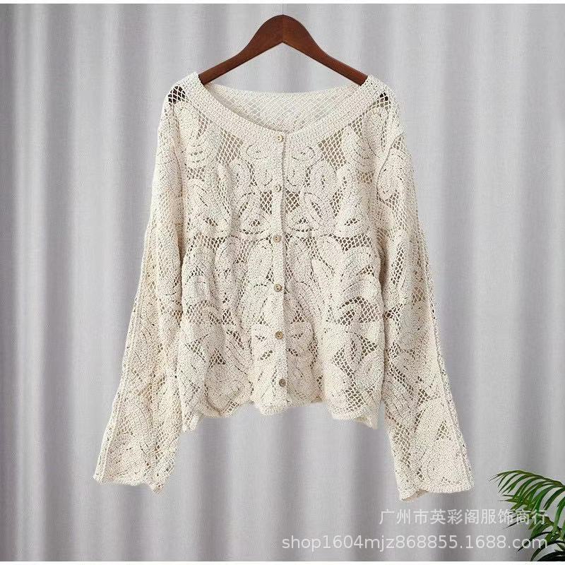 Mori Style Design Sense Autumn and Winter Women's New Knitted Long-sleeved Commuter Crochet Hollow Top Coat Button Shirt for Women