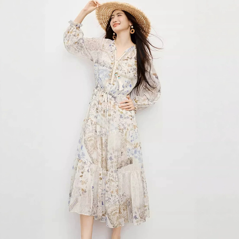 2026 Spring/Summer New Lace-Up Beaded Drawstring Floral Chiffon Dress for Beach Vacation 90226091601