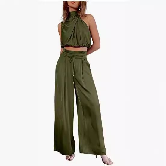 Women's 2-piece Summer Casual Sleeveless Collar Open Navel Top Wide Leg Pants Set_voghion.com