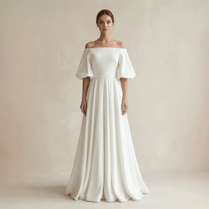 Off-shoulder trumpet sleeve satin light wedding dress, French minimalist long style, European and American church ceremony and banquet bridal gown