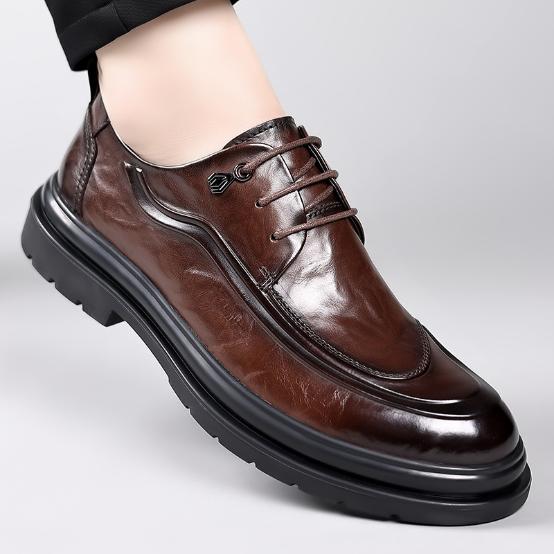 Autumn Men's High-Bottom Formal Leather Shoes, Breathable Office Derby Shoes, Casual Thick-Soled Work Clothing Men's Lace-Up Shoes