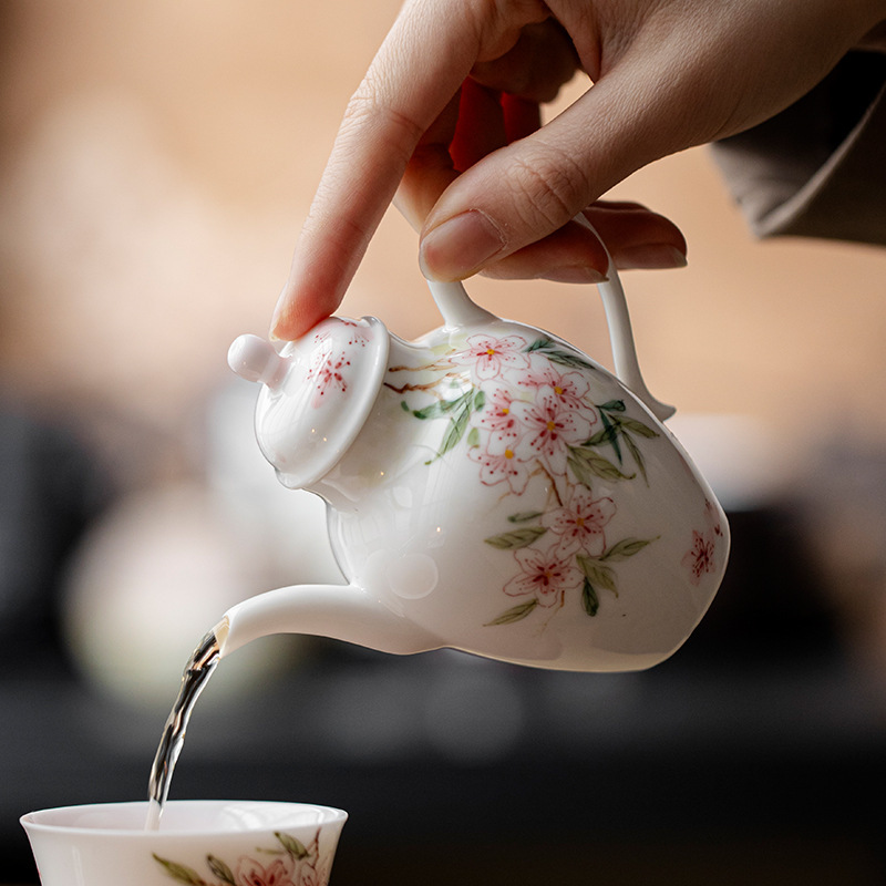 山国工夫茶纯手绘桃花茶壶创意手工陶瓷聚香泡茶壶单壶带过滤球孔