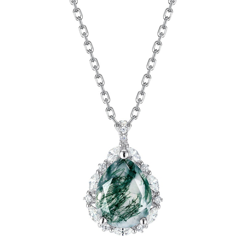 Transfronterizo nuevo S925 plata verde musgo colgante hembra clavícula collar de ágata acuática colgante de moda noble estilo europeo y americano