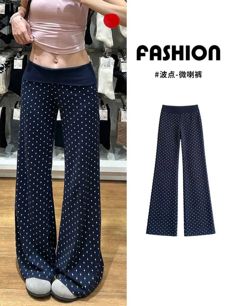 Navy Blue Korean-Style Polka Dot Flared Pants for Women, 2026 Summer New High-Waisted Slimming Stylish Casual Wide-Leg Bell-Bottom Pants