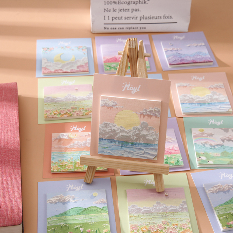 Bloc de notas adhesivas con diseño de pintura al óleo, alto valor estético, estilo simple, para estudiantes, adhesivo fuerte, bloc de notas con paisajes.