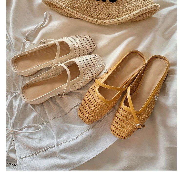 Retro woven beach elegant universal shoes square toe with a strap