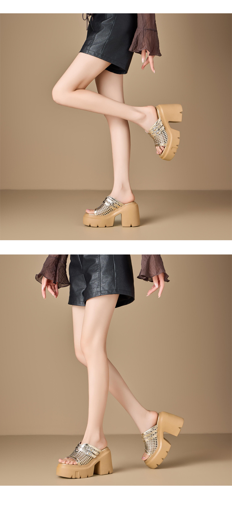 Dép sandal nữ gót vuông đế dày 12 cm phong cách thời trang hở mũi — màu đen chi tiết 3