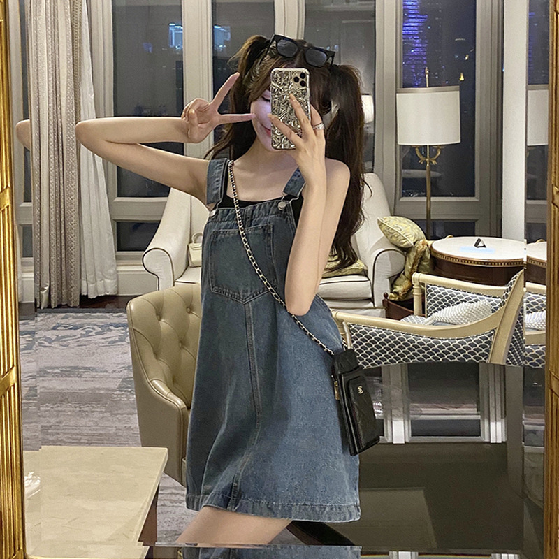 デニムサスペンダースカート女性の春学生プチドレス 2025 新しいかわいい大きいサイズファット mm サスペンダースカート|undefined