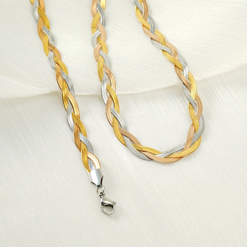 Bracciale intrecciato in acciaio al titanio per donna, semplice e versatile catena a tre colori, collana alla moda e resistente allo sbiadimento_voghion.com