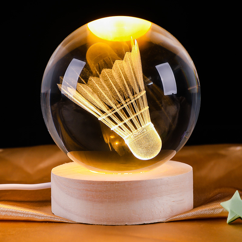 Creative Night Light Crystal Ball Ornament with 3D Interior Engraving of Badminton and Basketball, Suitable as a Gift for Birthdays