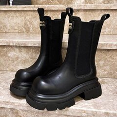 欧货真皮中筒靴烟筒靴女款马丁靴2025新款厚底增高切尔西瘦瘦靴女