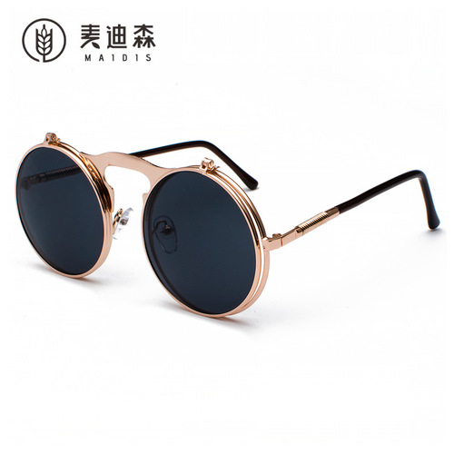Jet 3057 Retro Metal Steampunk Flip Sunglasses Flip Sunglasses Men's and Women's Trendy Round Frame Prince's Mirror