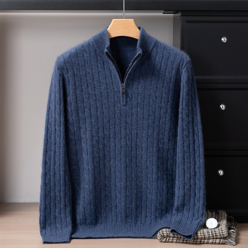 ~Pure Cashmere Sweater for Men, Half-Turtleneck, Thickened, Zippered Pullover Knitwear, 95% Cashmere Content, Winter Warmth