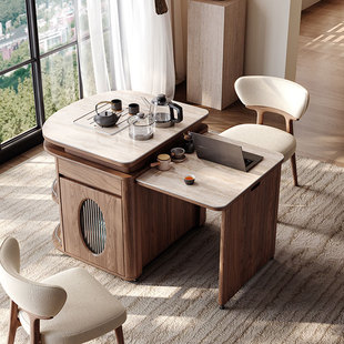 French-Style Travertine Stone Dining Table with Integrated Extendable Island Cabinet, Simple Design for Small Households