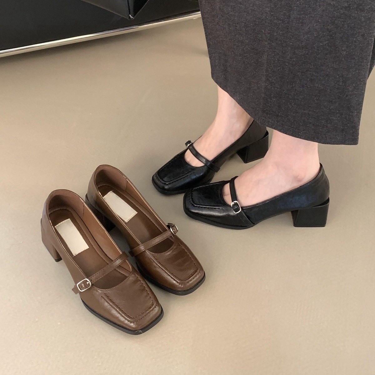 韩版方头软皮女士通勤单鞋一字扣带玛丽珍鞋气质时尚小皮鞋春秋新