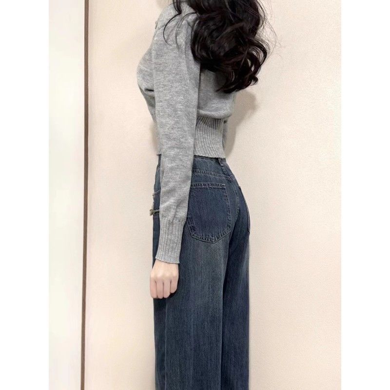 灰色POLO领针织打底衫女秋冬内搭收腰修身设计感小众别致绝美上衣