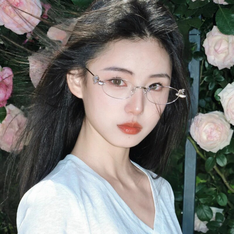 2025新款jennie同款GM素颜纯欲镶钻墨镜初恋感椭圆形平光镜防蓝光|undefined