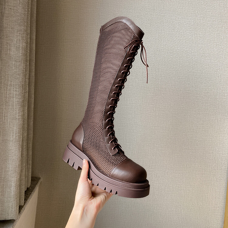 Boot lưới da thật cổ cao đế dày thoáng khí mùa xuân hè phong cách kỵ sĩ buộc dây — Màu nâu ống lớn, Màu đen cổ ống lớn, Ống nhỏ màu đen, Ống nhỏ màu be chi tiết 103