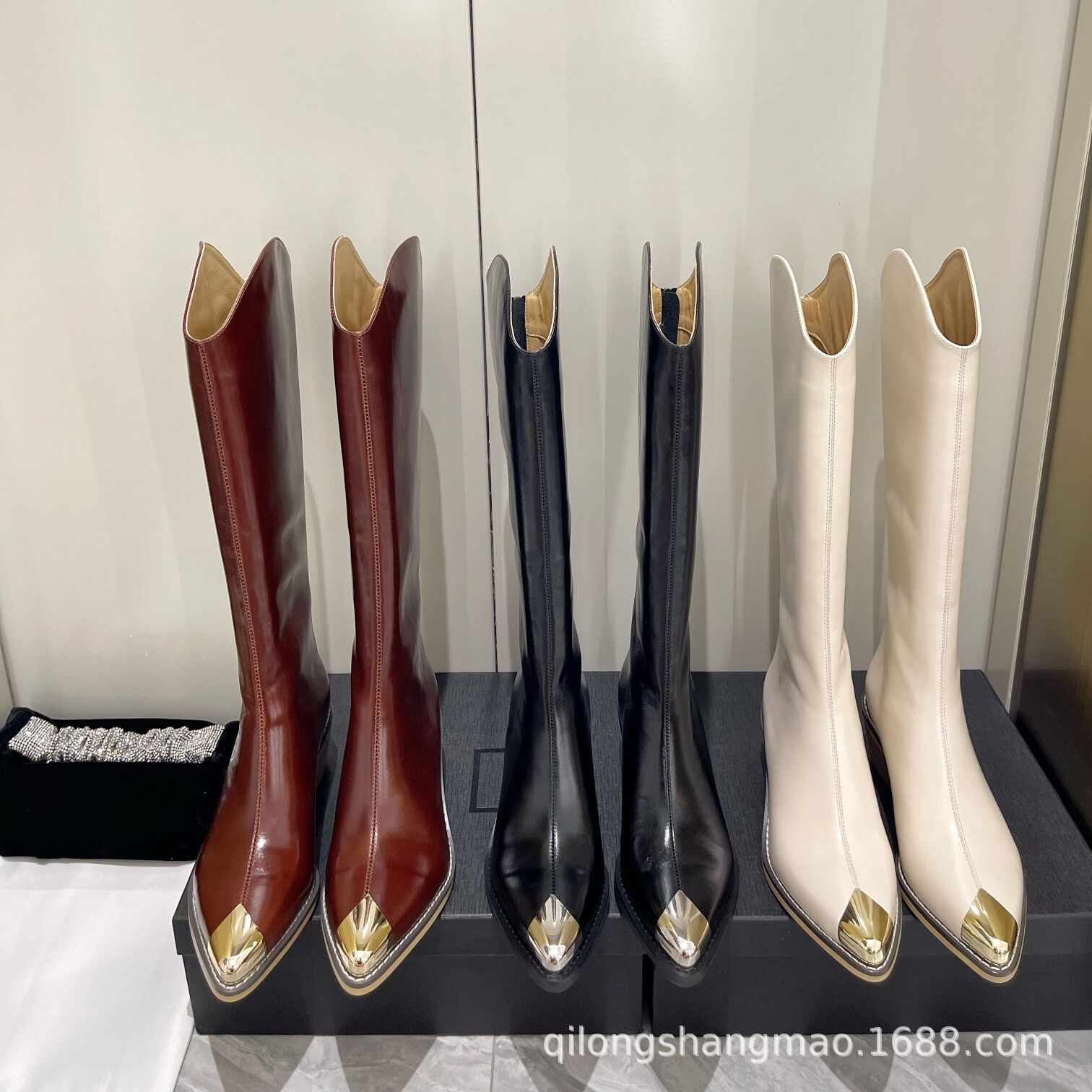 Elite demi-season retro denim high boots pointed-toe English style