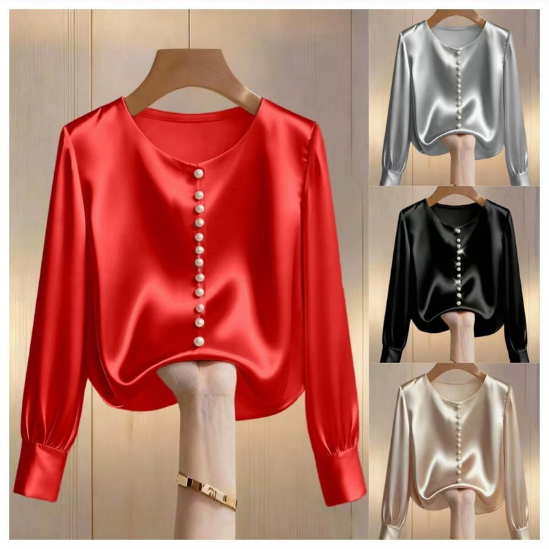 2026 New Satin Shirt for Women with Long Sleeves, Pearl Buttons, Round Neck, Puff Sleeves, Elegant and Stylish Top
