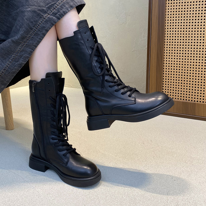 Full Leather Top Layer Cowhide Mids Boots High-top Lace-up Martin Boots Genuine Leather Women's Boots Single-layer Boots Winter fleece-lined Women's Cotton Boots