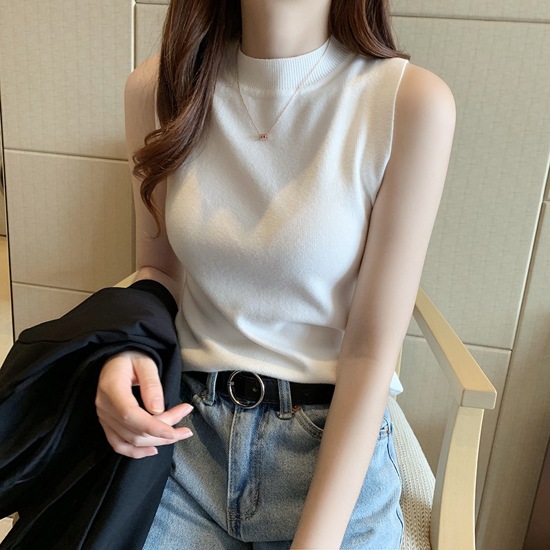 White Women's Half-Turtleneck Base Shirt Summer Versatile Tight-Fitting Sleeveless Knit Top with Small Camisole for Outerwear White Women's Half-Turtleneck Base Shirt Summer Versatile Tight-Fitting Sleeveless Knit Top with Small Camisole for Outerwear