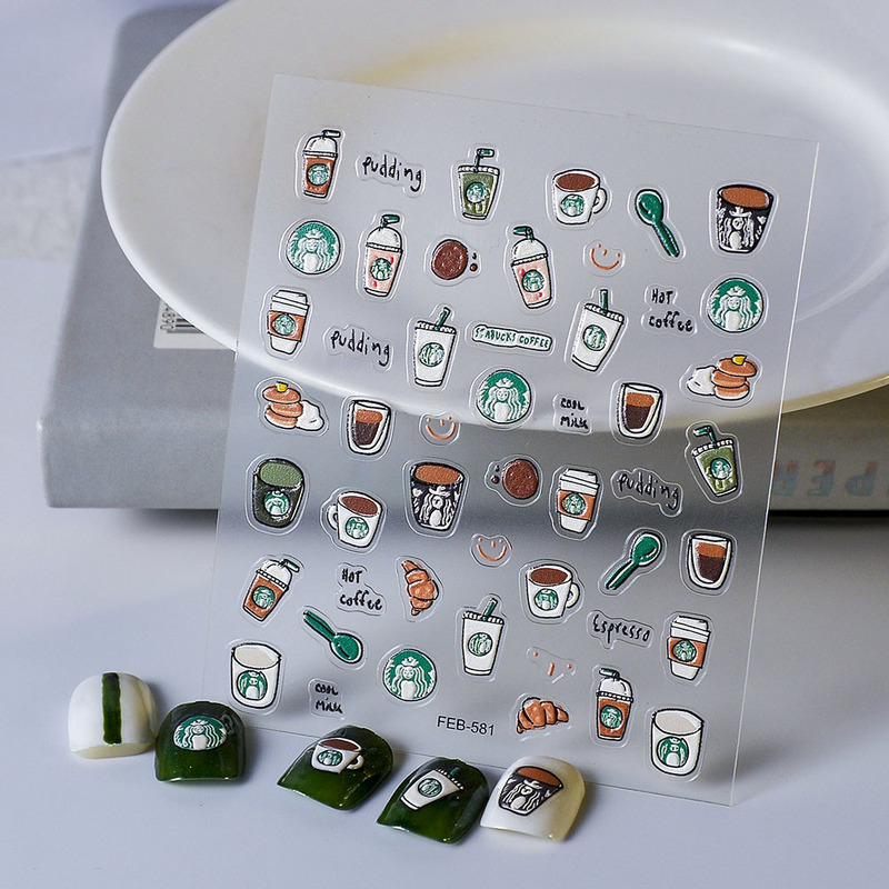 Cross-Border Nail Stickers Coffee Starbucks Cup Spoon Waterproof DIY Nail Art Decoration Guka Planner Stickers